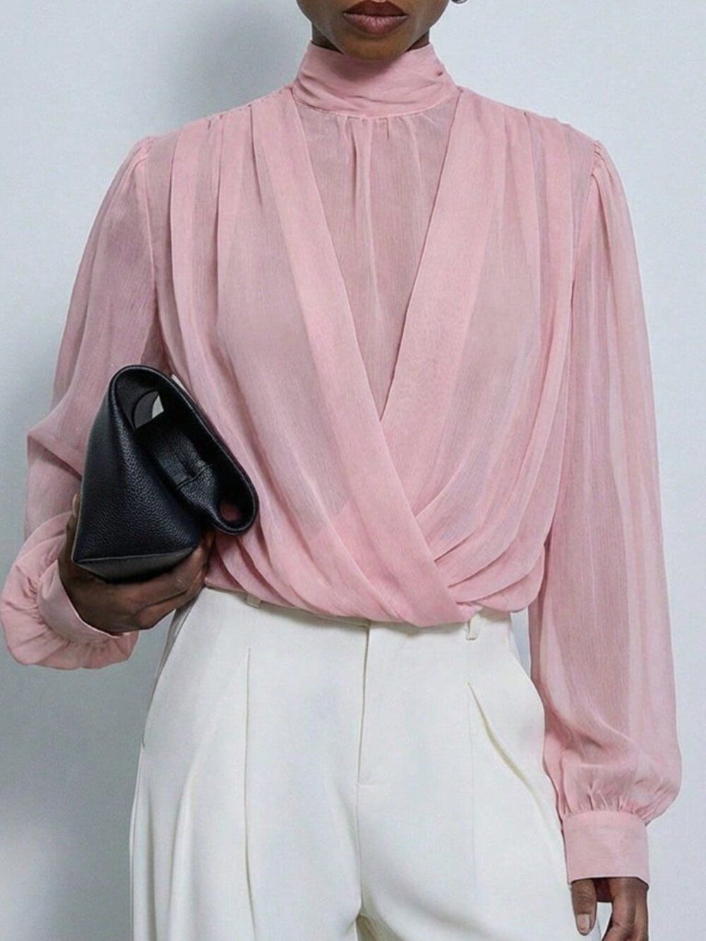 Pink Elegant Women's Mock Neck Sheer Blouse with Wrap Front and Puff Sleeves - Picture 3 of 7